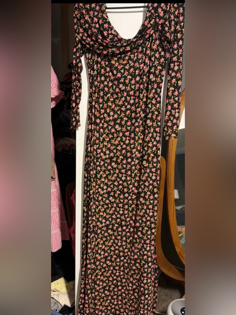 AFRM Black Long-Sleeve Maxi Dress with Pink Floral Print